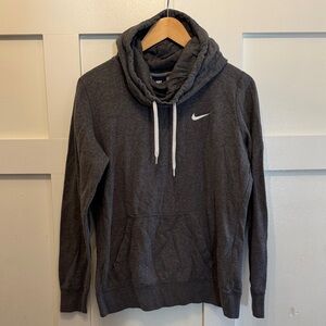 NIKE Women's Grey Charcoal Funnel Neck Hoodie White Logo Gym Run LARGE